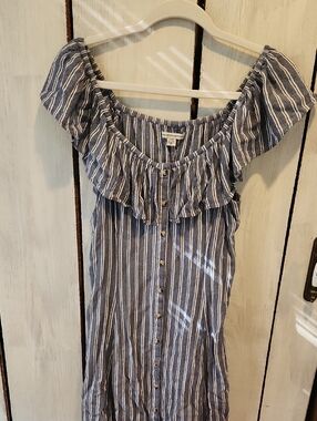 American Eagle Blue and White Button Up Off The Shoulder Dress Size Large